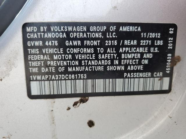 1VWAP7A37DC061753 - 2013 VOLKSWAGEN PASSAT S SILVER photo 12