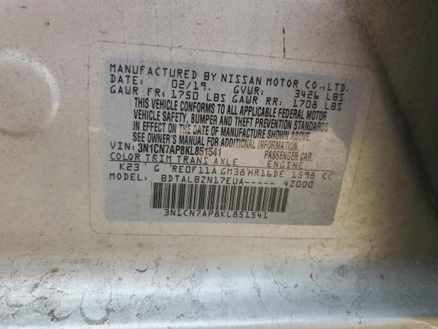 3N1CN7AP8KL851541 - 2019 NISSAN VERSA S SILVER photo 13