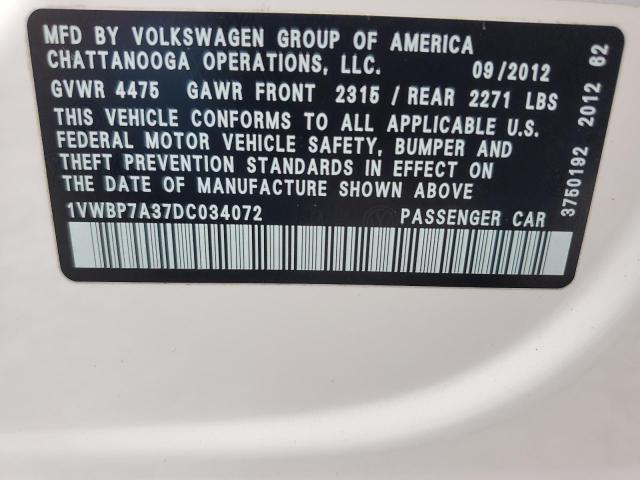 1VWBP7A37DC034072 - 2013 VOLKSWAGEN PASSAT SE Ağ foto 12