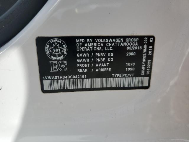1VWAS7A34GC042161 - 2016 VOLKSWAGEN PASSAT S WHITE photo 12
