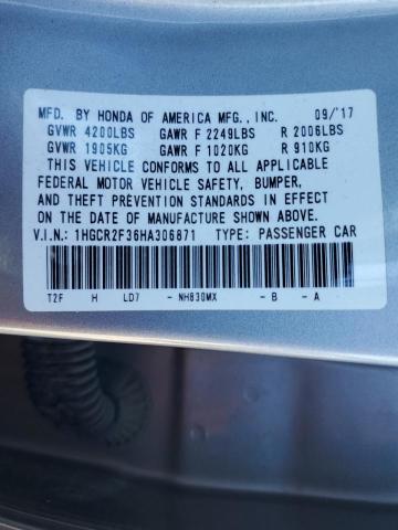 1HGCR2F36HA306871 - 2017 HONDA ACCORD LX 银色 照片 12
