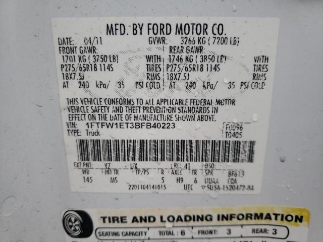 1FTFW1ET3BFB40223 - 2011 FORD F150 SUPER WHITE photo 12