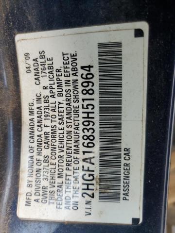 2HGFA16839H518964 - 2009 HONDA CIVIC EX BLUE photo 12