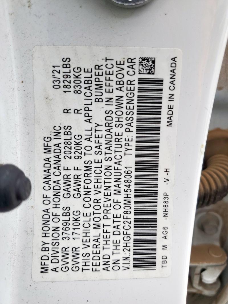 2HGFC2F80MH548061 - 2021 HONDA CIVIC SPORT თეთრი ფოტო 13