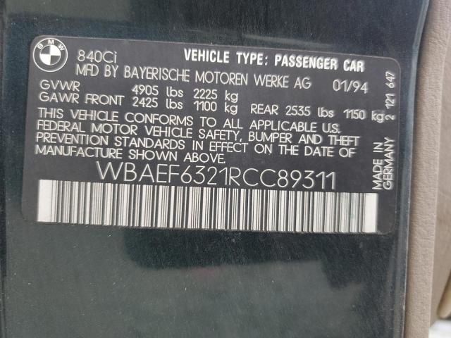 WBAEF6321RCC89311 - 1994 BMW 840 CI AUTOMATIC GREEN photo 12