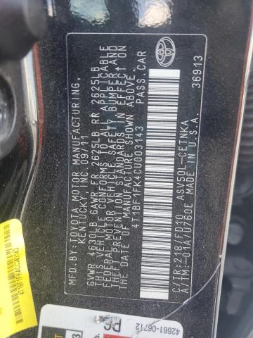 4T1BF1FK4CU003143 - 2012 TOYOTA CAMRY BASE BLACK photo 12