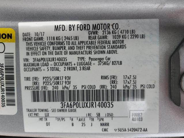 3FA6P0LUXJR140035 - 2018 FORD FUSION SE HYBRID SILVER photo 13