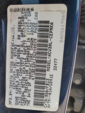 4T1BE32K13U240029 - 2003 TOYOTA CAMRY LE BLUE photo 12
