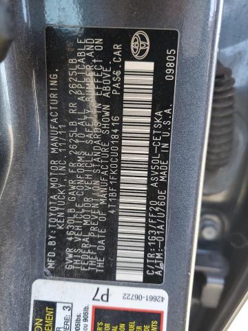 4T1BF1FK0CU018416 - 2012 TOYOTA CAMRY BASE Сірий фото 13