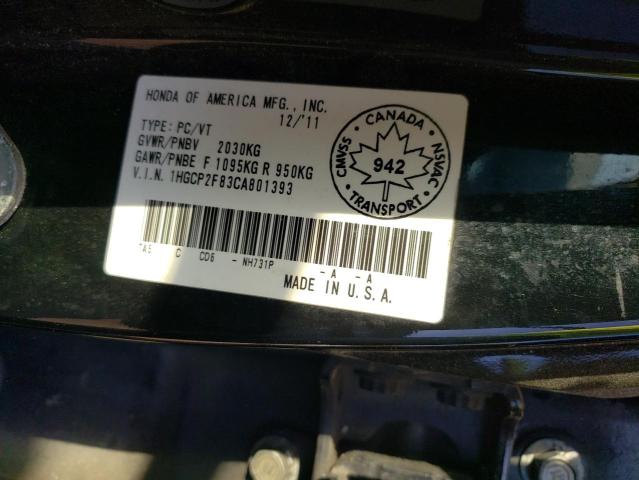 1HGCP2F83CA801393 - 2012 HONDA ACCORD EXL BLACK photo 12