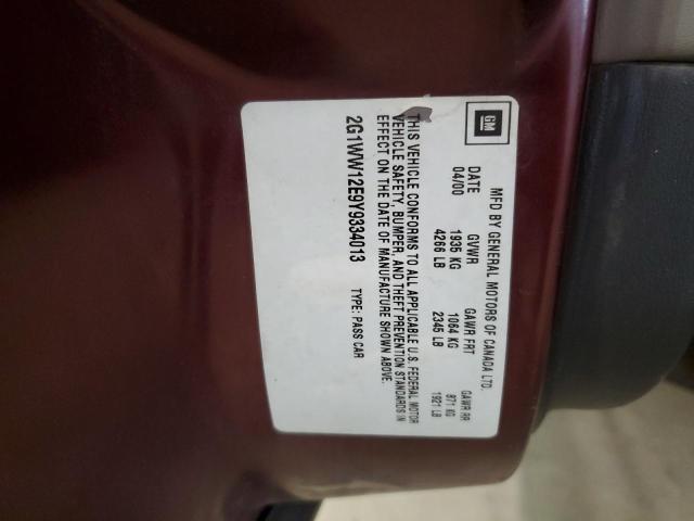 2G1WW12E9Y9334013 - 2000 CHEVROLET MONTE CARLO LS 勃艮第红 照片 12