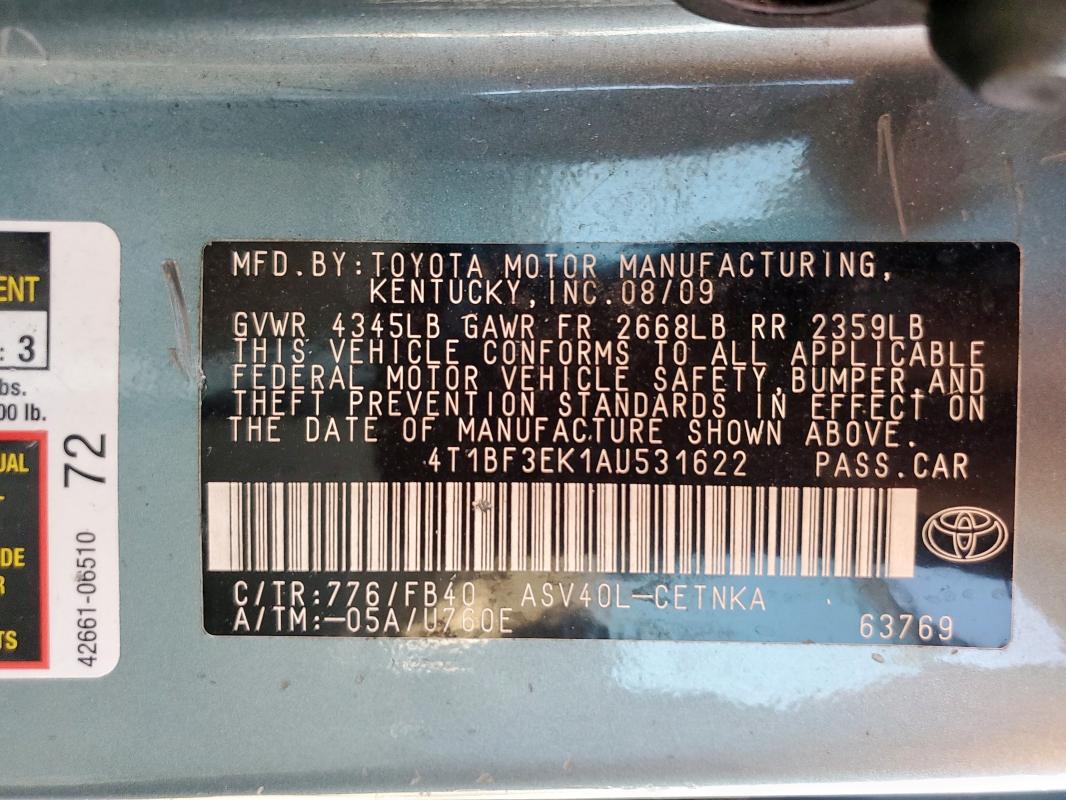 4T1BF3EK1AU531622 - 2010 TOYOTA CAMRY BASE BLUE photo 12