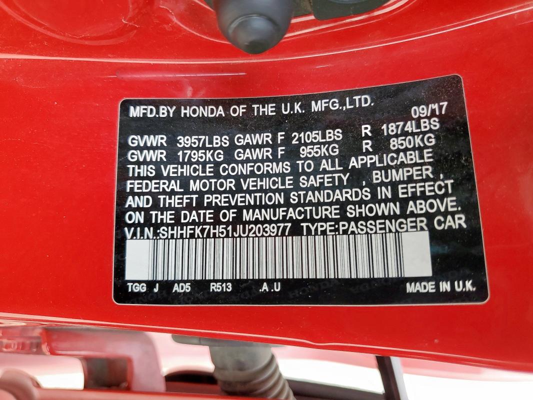 SHHFK7H51JU203977 - 2018 HONDA CIVIC EX Rouge photo 12