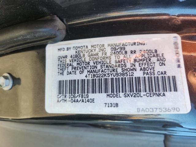4T1BG22K5YU938512 - 2000 TOYOTA CAMRY CE CHARCOAL photo 12