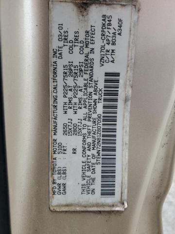 5TEWN72N81Z807090 - 2001 TOYOTA TACOMA XTRACAB Ոսկեգույն լուսանկար 12