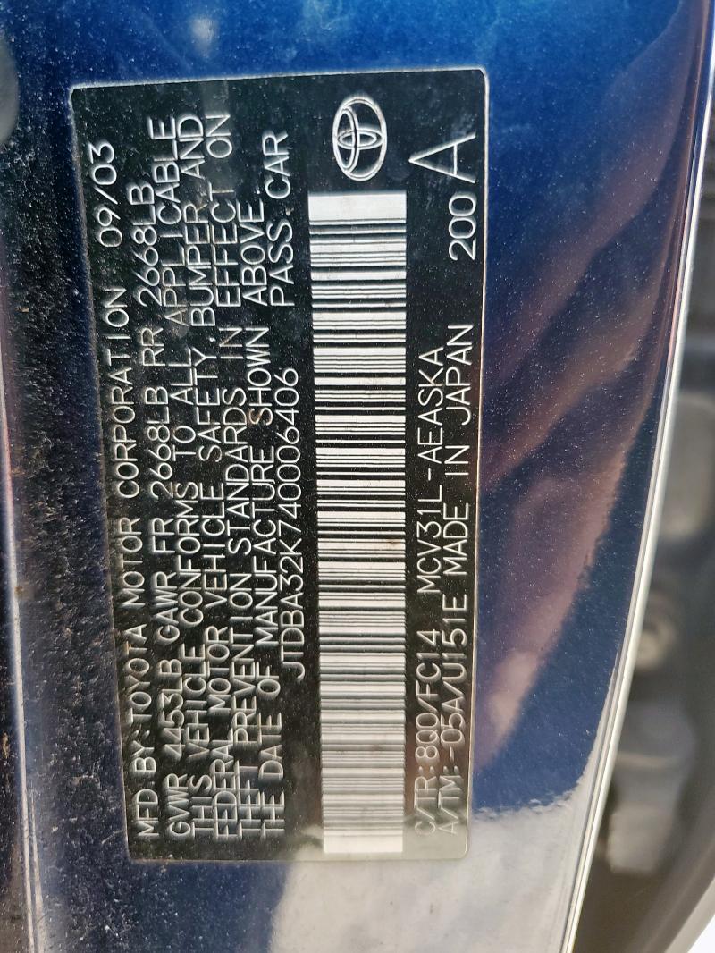 JTDBA32K740006406 - 2004 TOYOTA CAMRY SE BLUE photo 13