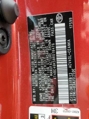 4T4BE46K58R018476 - 2008 TOYOTA CAMRY CE RED photo 12