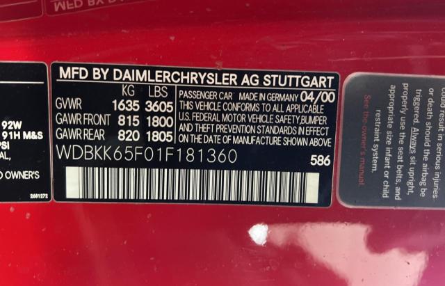 WDBKK65F01F181360 - 2001 MERCEDES-BENZ SLK 320 RED photo 10