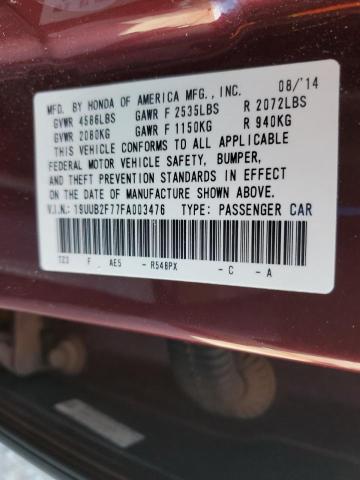 19UUB2F77FA003476 - 2015 ACURA TLX ADVANCE BURGUNDY photo 12