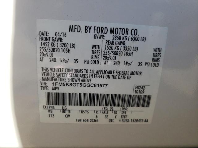 1FM5K8GT5GGC81577 - 2016 FORD EXPLORER SPORT Weiß Foto 13