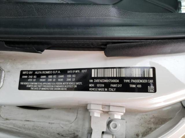 ZARFAEDN6H7540634 - 2017 ALFA ROMEO GIULIA Q4 WHITE photo 12