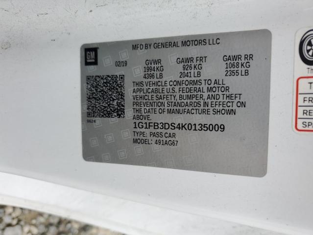 1G1FB3DS4K0135009 - 2019 CHEVROLET CAMARO LS WHITE photo 12