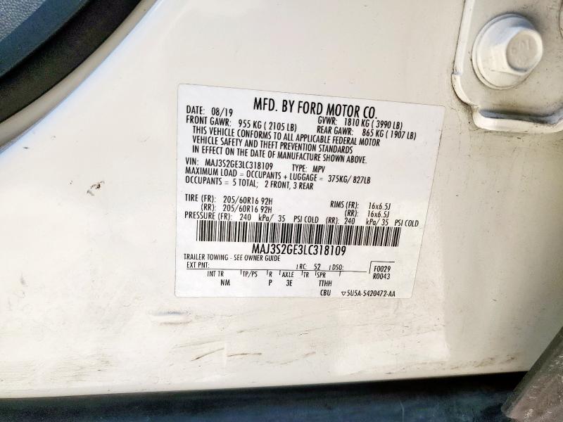 MAJ3S2GE3LC318109 - 2020 FORD ECOSPORT SE თეთრი ფოტო 12