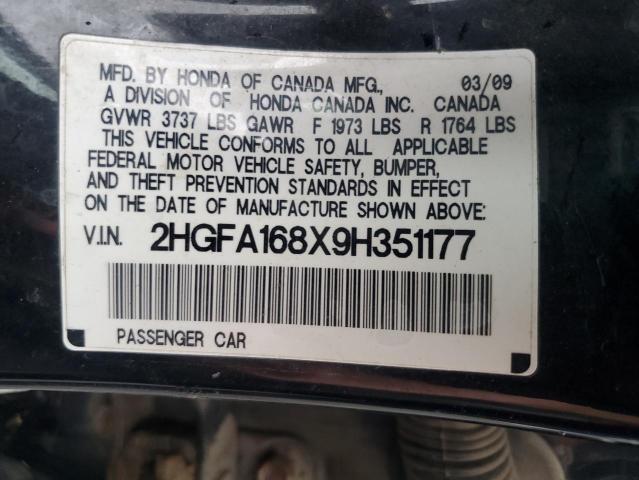 2HGFA168X9H351177 - 2009 HONDA CIVIC EX BLACK photo 12