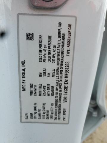 5YJ3E1EA1MF961283 - 2021 TESLA MODEL 3 თეთრი ფოტო 12
