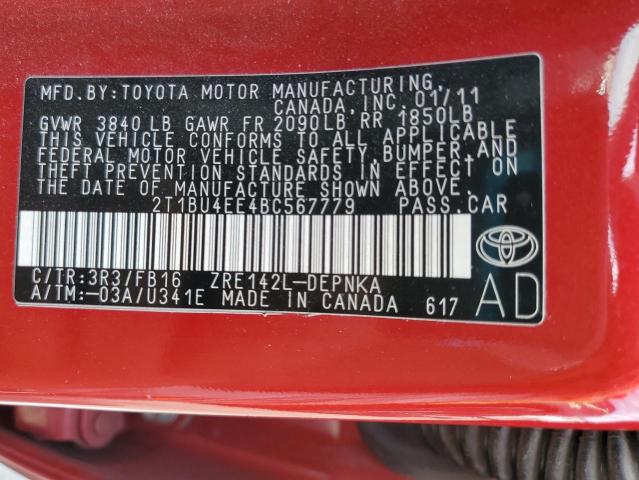 2T1BU4EE4BC567779 - 2011 TOYOTA COROLLA BASE 红色 照片 12