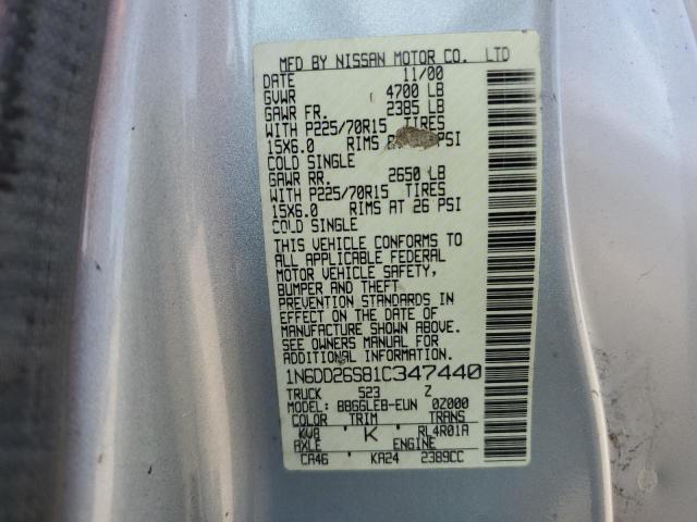 1N6DD26S81C347440 - 2001 NISSAN FRONTIER KING CAB XE SILVER photo 12