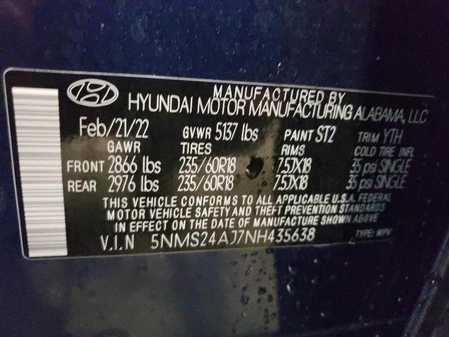 5NMS24AJ7NH435638 - 2022 HYUNDAI SANTA FE SEL BLUE photo 13