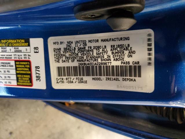 1NXBU4EE1AZ289677 - 2010 TOYOTA COROLLA BASE BLUE photo 12