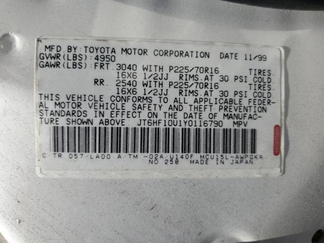 JT6HF10U1Y0116790 - 2000 LEXUS RX 300 WHITE photo 12