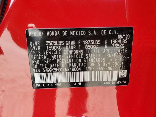 3HGGK5H91LM718684 - 2020 HONDA FIT EXL RED photo 12