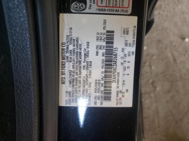 3FAHP0KC2AR268755 - 2010 FORD FUSION SPORT BLACK photo 12