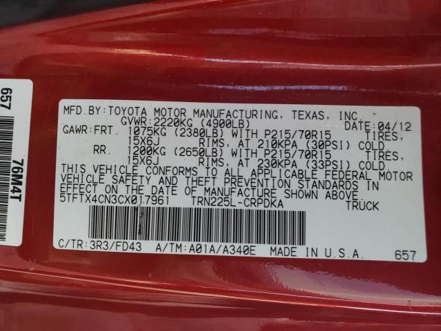 5TFTX4CN3CX017961 - 2012 TOYOTA TACOMA ACCESS CAB წითელი ფოტო 12