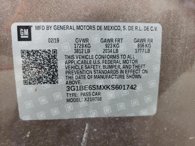 3G1BE6SMXKS601742 - 2019 CHEVROLET CRUZE LT ყავისფერი ფოტო 13