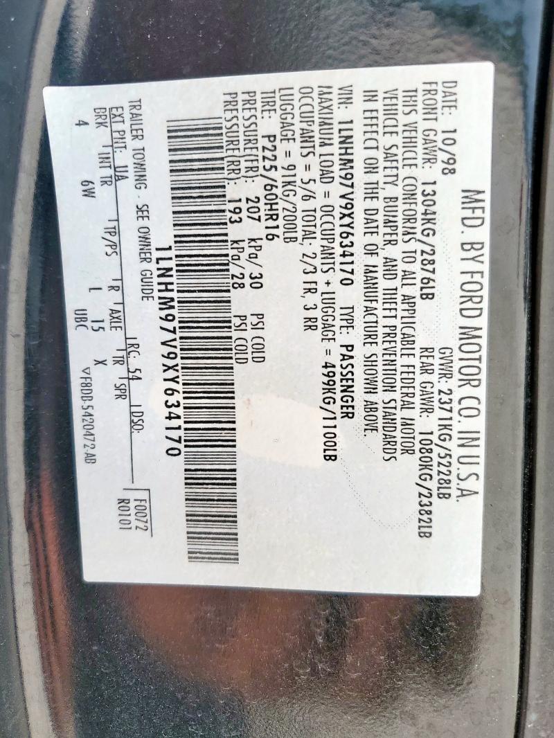 1LNHM97V9XY634170 - 1999 LINCOLN CONTINENTA შავი ფოტო 12