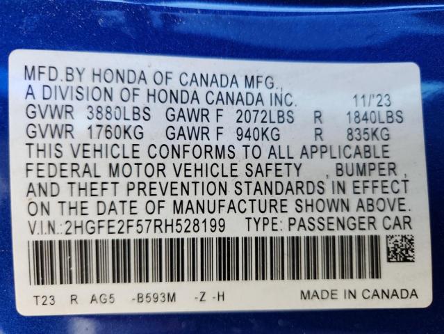 2HGFE2F57RH528199 - 2024 HONDA CIVIC SPORT 蓝色 照片 12