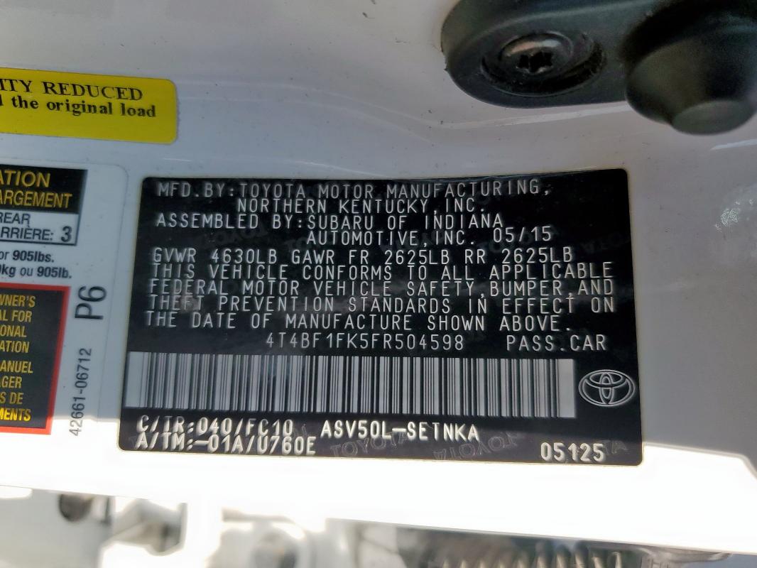 4T4BF1FK5FR504598 - 2015 TOYOTA CAMRY LE თეთრი ფოტო 12