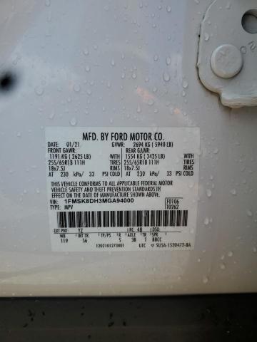 1FMSK8DH3MGA94000 - 2021 FORD EXPLORER XLT Beyaz fotoğraf 13