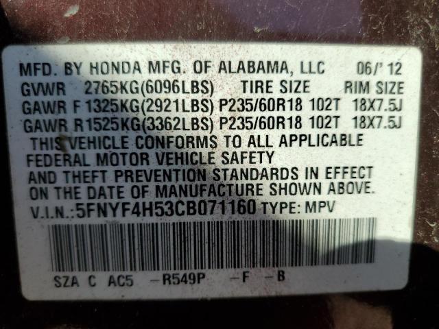 5FNYF4H53CB071160 - 2012 HONDA PILOT EXL BURGUNDY photo 14