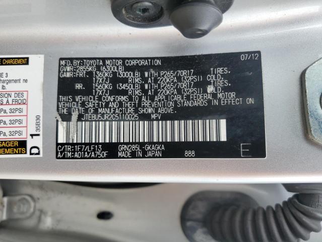 JTEBU5JR2C5110025 - 2012 TOYOTA 4RUNNER SR5 SILVER photo 13