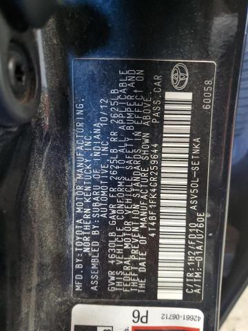 4T4BF1FK4CR259644 - 2012 TOYOTA CAMRY BASE 黑色 照片 12