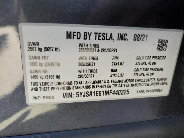 5YJSA1E61MF440325 - 2021 TESLA MODEL S 灰色 照片 12