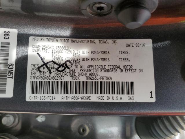 5TFAX5GN8GX062987 - 2016 TOYOTA TACOMA DOUBLE CAB CHARCOAL photo 12