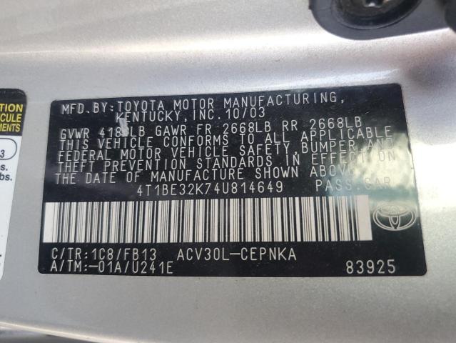 4T1BE32K74U814649 - 2004 TOYOTA CAMRY LE 银色 照片 12