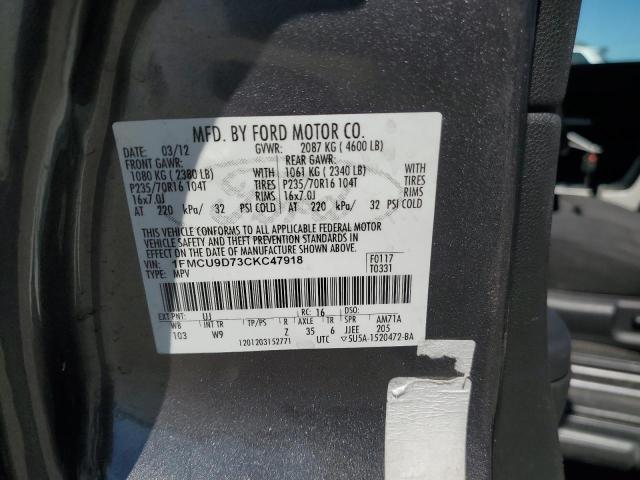 1FMCU9D73CKC47918 - 2012 FORD ESCAPE XLT GRAY photo 14