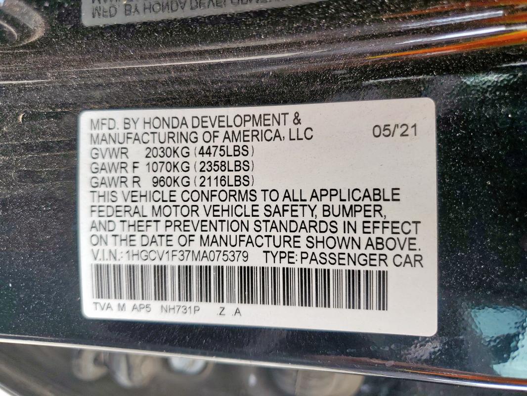1HGCV1F37MA075379 - 2021 HONDA ACCORD SPORT BLACK photo 12